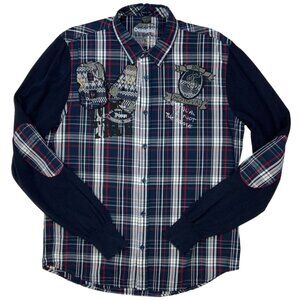 Desigual Button Front Shirt L Blue Plaid Elbow Patch